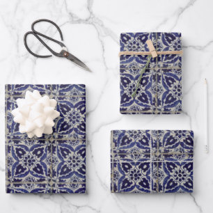 Feuille De Papier Cadeau Carrelage italien rustique Azulejo bleu blanc géom