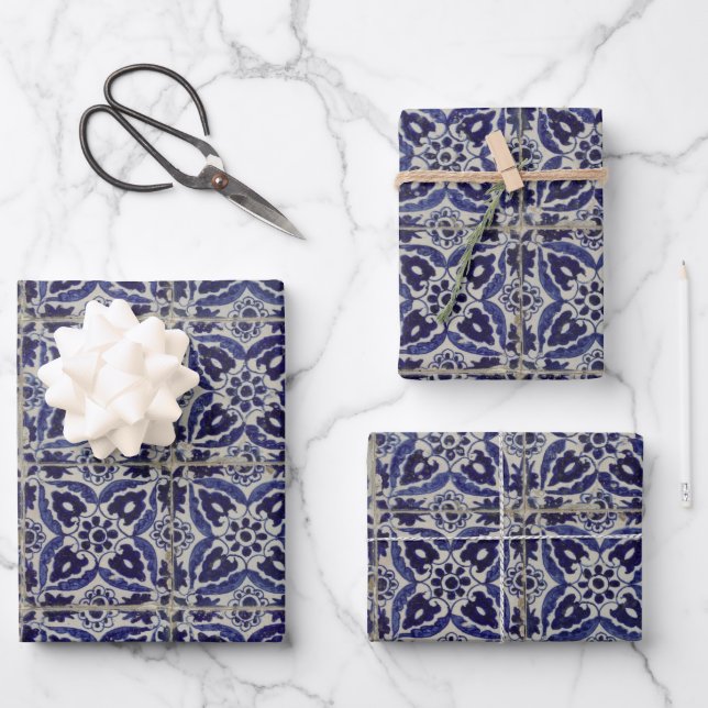 Feuille De Papier Cadeau Carrelage italien rustique Azulejo bleu blanc géom (Recto)