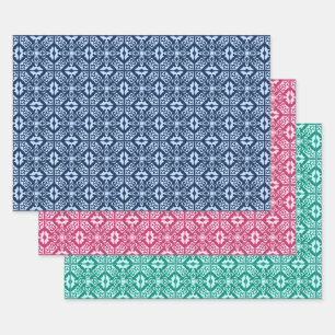 Feuille De Papier Cadeau Carrelage marocain, Bleu, Fuchsia Rose, Turquoise 