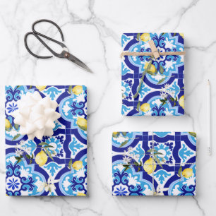 Feuille De Papier Cadeau Carrelage méditerranéen, carrelage bleu, citron,