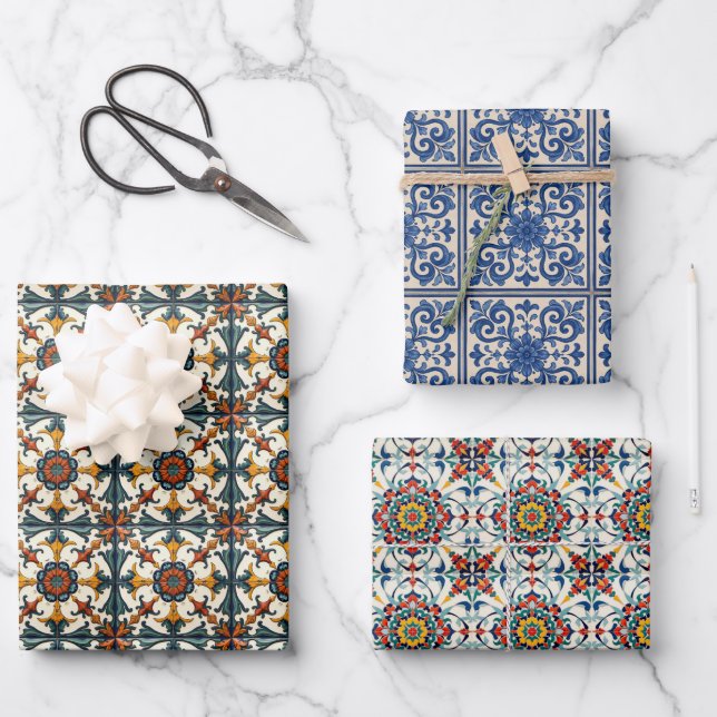 Feuille De Papier Cadeau Carrelage méditerranéen Papiers à envelopper Folk  (Recto)