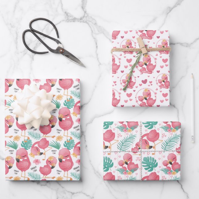 Feuille De Papier Cadeau carrelage mignon maman fille rose flamingo  (Recto)