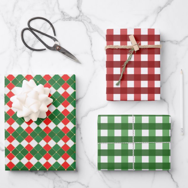 Feuille De Papier Cadeau Carrés Rouge Et Vert (Recto)