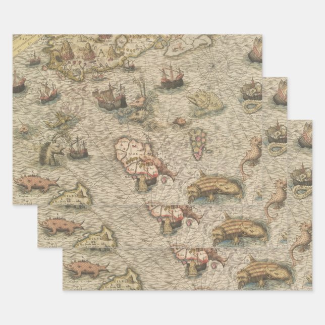 Feuille De Papier Cadeau Carte antique et Créatures marines (Lot)