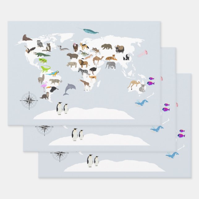Feuille De Papier Cadeau Carte du monde pour enfants Animaux (Lot)