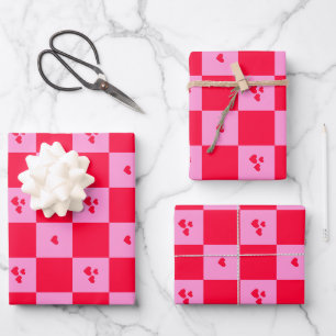 Feuille De Papier Cadeau Cartes Grille rose et rouge