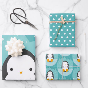 Feuille De Papier Cadeau Carton d'hiver de Pingouin mignon bleu