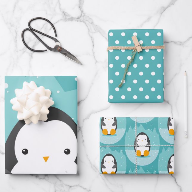 Feuille De Papier Cadeau Carton d'hiver de Pingouin mignon bleu (Recto)