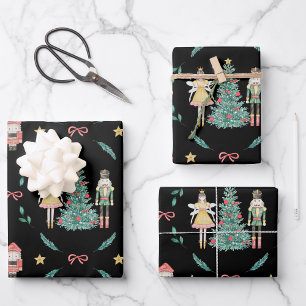 Feuille De Papier Cadeau Casse-noisettes de Noël Soldats et fées en noir