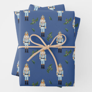 Feuille De Papier Cadeau Casse-noix bleu Noël et Branches Holly Berry