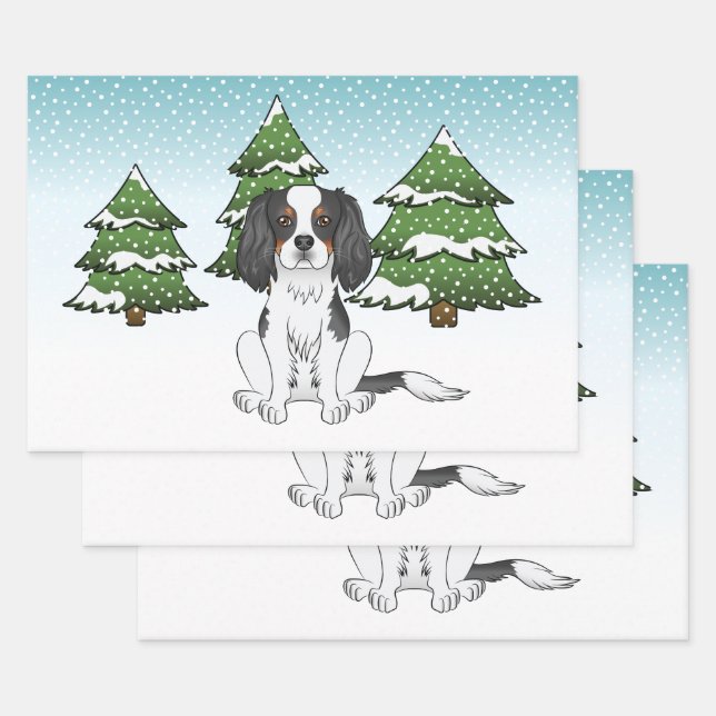 Feuille De Papier Cadeau Cavalier King Charles Spaniel tricolore en hiver (Lot)