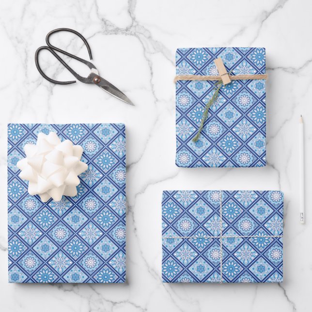 Feuille De Papier Cadeau Cercle bleu et blanc Mandala (Recto)