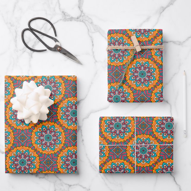 Feuille De Papier Cadeau Cercle bleu mandala rose et jaune (Recto)
