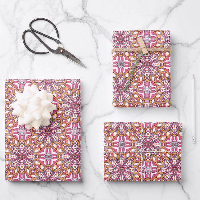 Feuille De Papier Cadeau Cercle rose jaune et blanc Mandala (Recto)