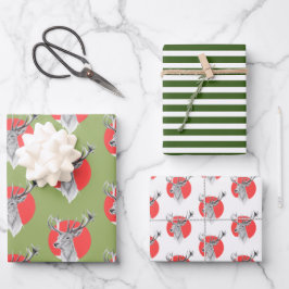 Feuille De Papier Cadeau Cercle rouge cerf Baies vertes motif de Noël