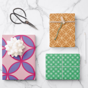 Feuille De Papier Cadeau Cercles diamants fleurs motif Ensemble 3