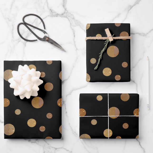 Feuille De Papier Cadeau Cercles d'or Pois Géométrique Noir (Recto)