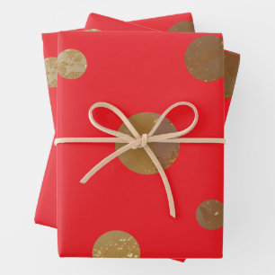 Feuille De Papier Cadeau Cercles dorés pois géométriques rouges