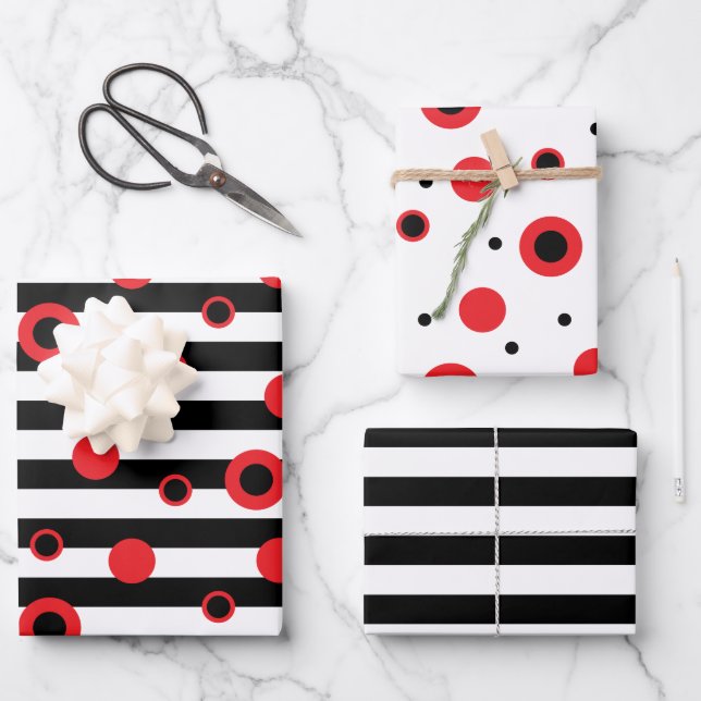 Feuille De Papier Cadeau Cercles et rayures rouges, noirs, blancs modernes (Recto)