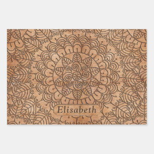 Feuille De Papier Cadeau Cercles floraux en bois sculpté Mandala Personnali