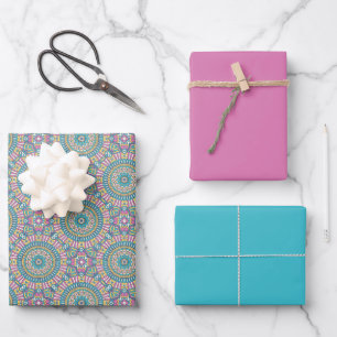 Feuille De Papier Cadeau Cercles Mandala Turquoise et rose