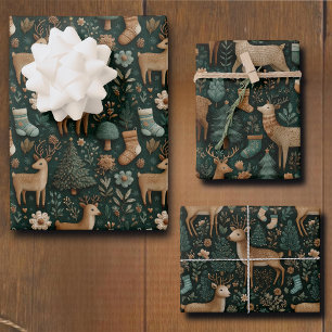 Feuille De Papier Cadeau Cerf de la forêt rustique et arbre de Noël