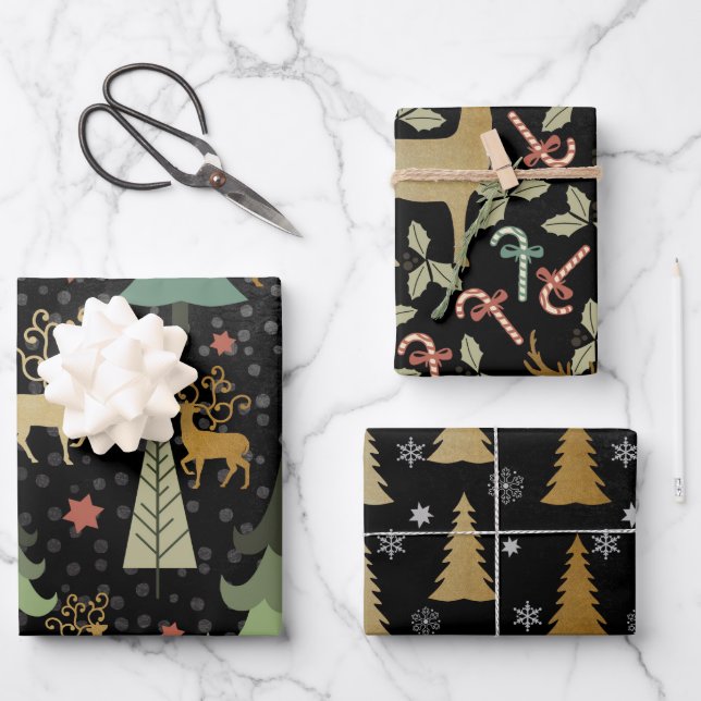 Feuille De Papier Cadeau Cerfs de Noël enchantés (Recto)