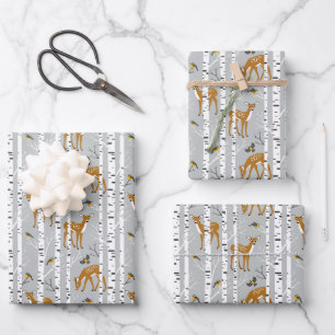 Feuille De Papier Cadeau Cerfs Faons Forêt de bouleau blanc Oiseaux Cadeau