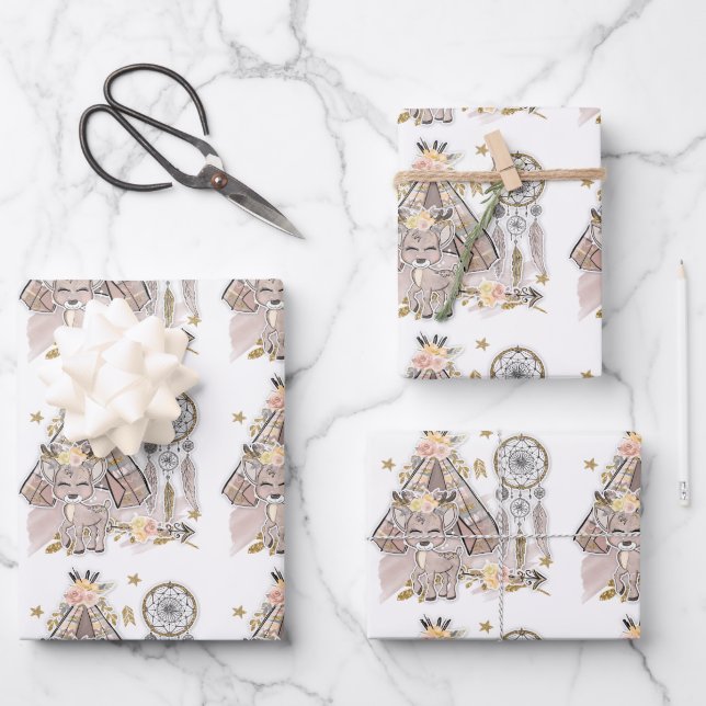Feuille De Papier Cadeau Cerfs, tente et Dreamcatchers (Recto)