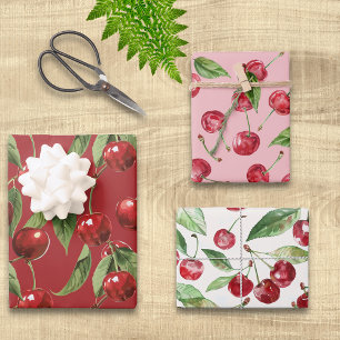 Feuille De Papier Cadeau Cerises Cerise rouge rose Motif blanc