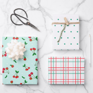 Feuille De Papier Cadeau Cerises, points et plaids agités