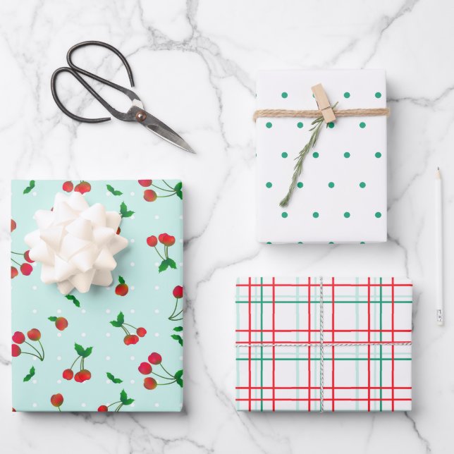 Feuille De Papier Cadeau Cerises, points et plaids agités (Recto)