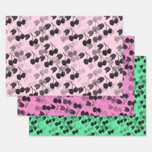 Feuille De Papier Cadeau Cerises rose et verte sur