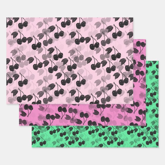 Feuille De Papier Cadeau Cerises rose et verte sur (Lot)