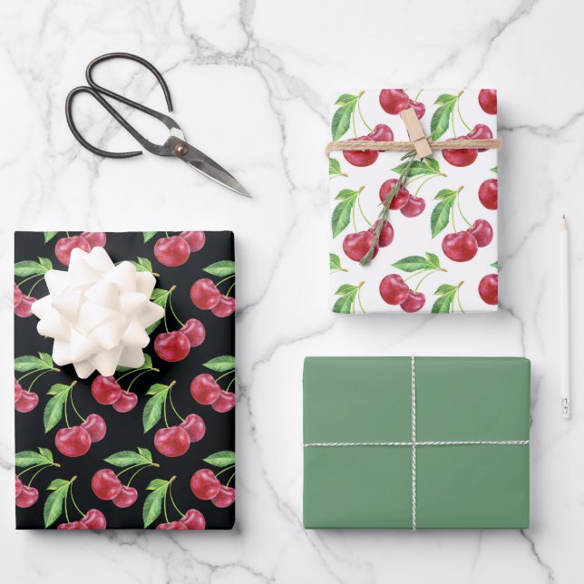 Feuille De Papier Cadeau Cerises sur une tige (Recto)