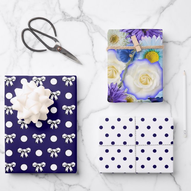 Feuille De Papier Cadeau Cérulean bleu et blanc Pois Fleurs Collage (Recto)
