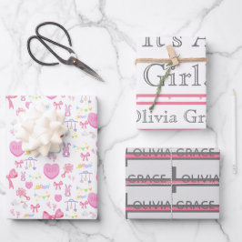 Feuille De Papier Cadeau C'est une fille Coeurs roses Nom du bébé 3