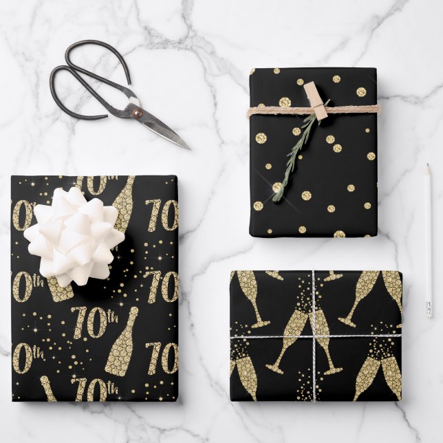 Feuille De Papier Cadeau Champagne Black Gold joaillée 70e Fête (Recto)