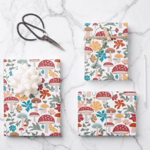Feuille De Papier Cadeau Champignons et fleurs du milieu du siècle moderne 