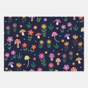 Feuille De Papier Cadeau Champignons Magiques avec Motif de Fleurs Fantaisi
