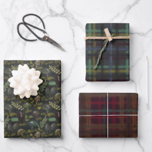 Feuille De Papier Cadeau Champignons Moody Bourgogne et Plaid vert