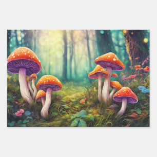 Feuille De Papier Cadeau Champignons psychédéliques rouges dans la forêt