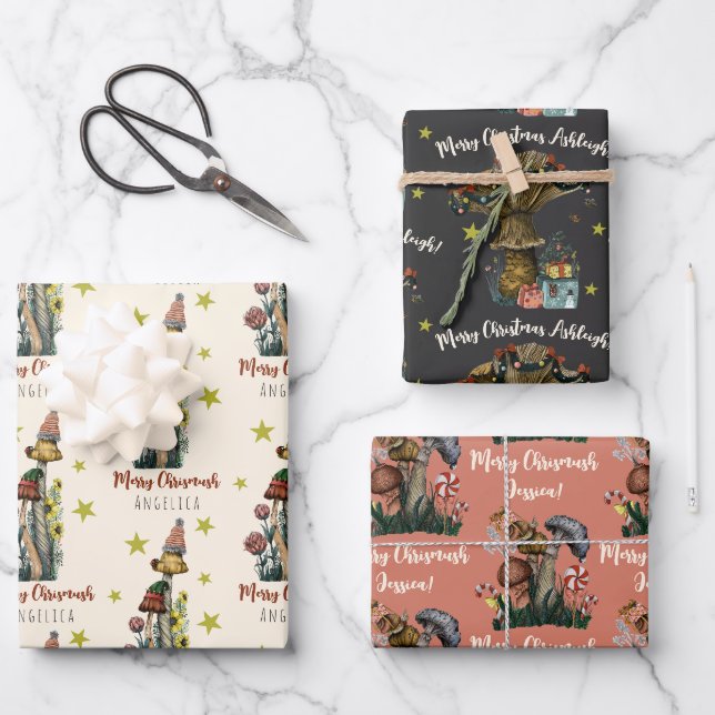 Feuille De Papier Cadeau Champignons roses mignons noires Noël Nom personna (Recto)