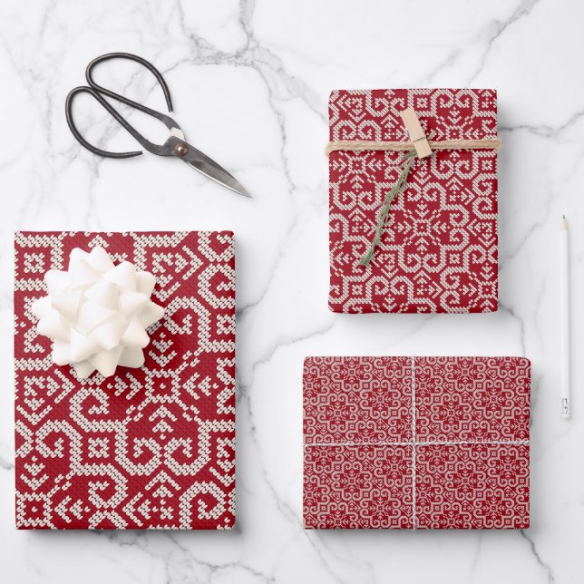 Feuille De Papier Cadeau Chandail de Noël Scandi Rouge (Recto)