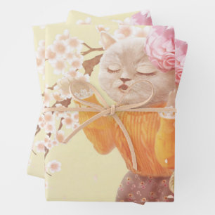 Feuille De Papier Cadeau Chanter Chat avec panier à fleurs