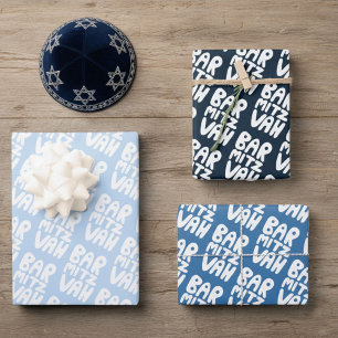 Feuille De Papier Cadeau Charmant Bar Mitzvah lettrage manuel Juif Bleu Amu