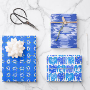 Feuille De Papier Cadeau Charme Hanoukka Motifs Étoiles Sweaters Bleu