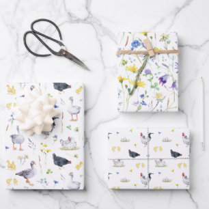 Feuille De Papier Cadeau Charme Rustique Agricole Poulets Floral
