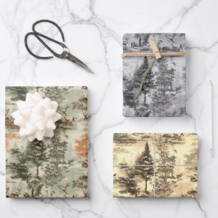Feuille De Papier Cadeau Chasse forestière moderne Toile verte de Jouy Moti