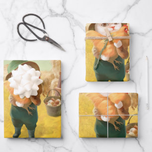 Feuille De Papier Cadeau Chat adorable avec Hen à la ferme